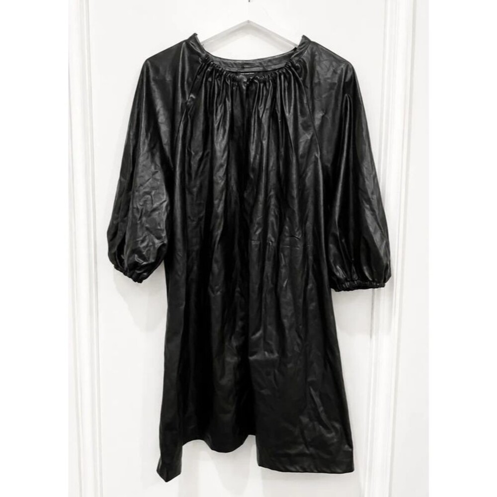 Who What Wear Women’s Black Faux Leather Shift Dress Size Large Puff Sleeve